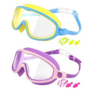 2Pcs Kid Swim Goggles Wide View Frogs Resistant Swimming Glasses With Earplugs And Nose Clip for Boy Girl Teen Swimming