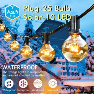 Aoli Solar/Plug in 25ft 25+2Bulbs G40 String Lights Clear Bulbs Waterproof IP44 Patio String Light Outdoor Christmas