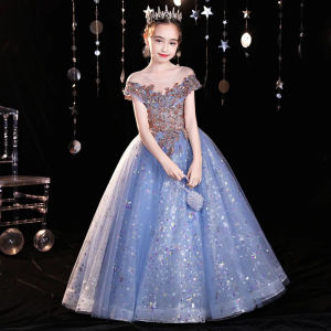 laElegant Party Evening Wedding Dress for Girls Flower Ball Gown Birthday Princess Banquet Summer Blue Kids Sequins Long Dress