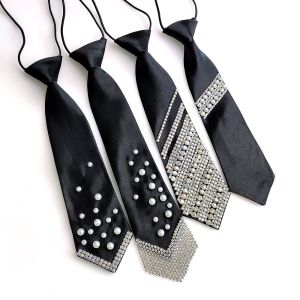 GENENIC Korean Style Pearls Tie Rhinestone Black Decoration Shirt Tie Temperament Collares Hand-beaded Long Necktie Women