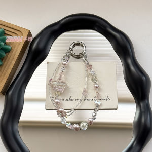 ภาพวาดสีน้ำมันแฟชั่นห้าแฉกลูกปัดพวงกุญแจคริสตัลจี้สั้นห้อยเชือกไข่มุกเคสโซ่โทรศัพท์