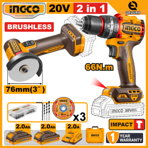 INGCO 20V 2-IN-1 CORDLESS MINI CUT OFF TOOL & IMPACT DRILL COMBO KIT | BRUSHLESS MOTOR | CKLI20255