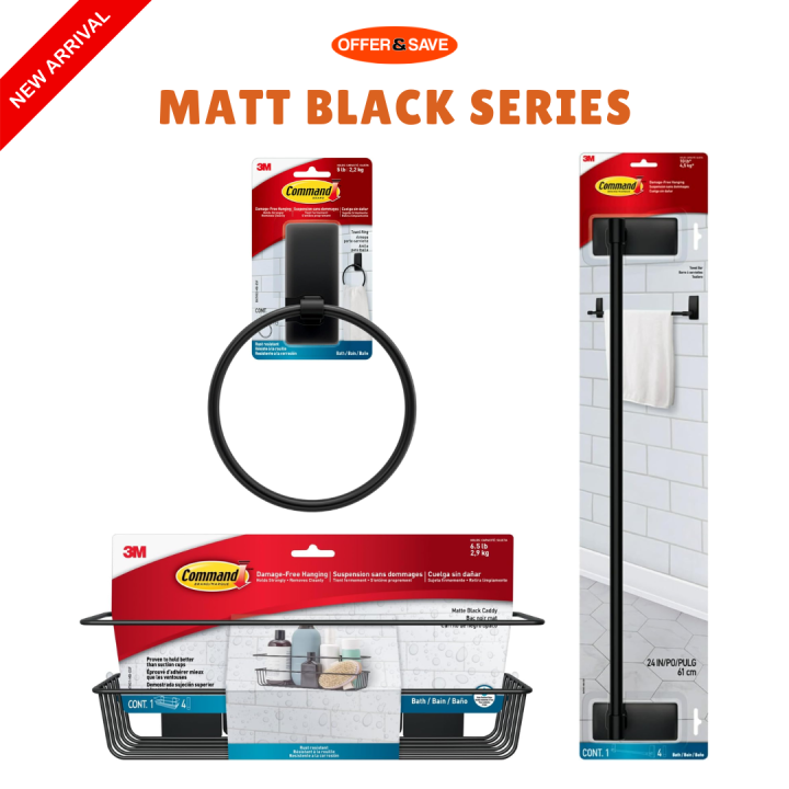 3M Command Bathroom Matt Black Series Shower Caddy Towel Ring Towel Bar