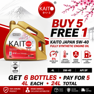 KAITO JAPAN 5W-40 Fully Synthetic Engine Oil 4L x 6 (BUY 5 FREE 1) | SIRIM | API SP | Minyak Hitam Borong