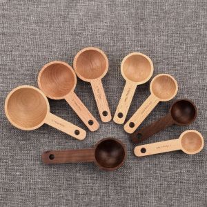 LIANG Tablespoon Measuring Spoon Walnut Wooden 7.5/10/15/30/45ml Coffee Bean Spoon Quantitative Seasoning Tools Hangable Beech Wooden Spoon Home