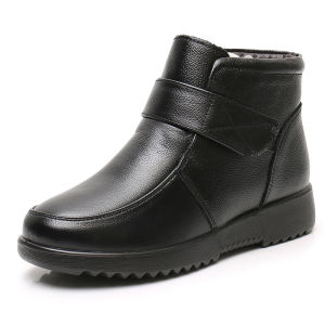 DTNOW Womens Ladies Female Genuine Leather Ankle Shoes Platform Boots Winter Fur Plush Round Toe Non Slip Hook Loop