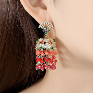 SEQUITO Vintage CZ Fan Shape Bohemian Long Beads Tassel Drop Earrings Wedding Women Statement Large Bell Pendant Jewelry SE259