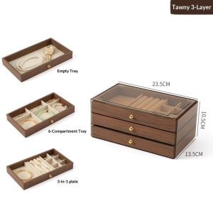 Walnut Style Jewelry Box 3/6 Layer Large Capacity Velvet Organizer for Ring Necklace Earrings Bracelet Storage Case