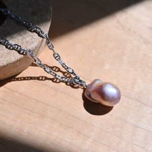 Rare Purple Baroque Pearl Necklace with Silver Chain