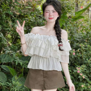 DX_ Set tiểu thư xinh đồ nữ mặc hè set đồ đi biển áo trễ vai viền bèo Xốp mix chân váy ngắn Kaki có lót