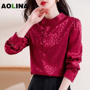 AOLINA 2024 New Chinese Style Elegant Long Sleeve Blouse Design Satin Turtleneck Long Sleeve Chiffon Shirt