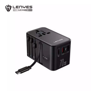 LENYES LCH66 70W GaN Universal Travel Adaptor International Charger Dual Port USB + Type C Fast Charging Built In Cable Type C