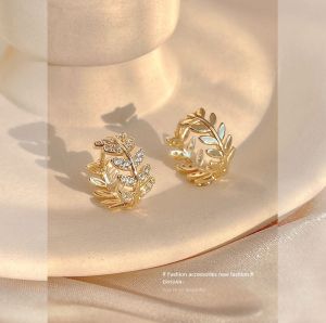 1Pair Fashion Leaf Crystal Hoop Huggie Earrings Gold Silver Dangle Rhinestone Ear Stud Earrings for Women
