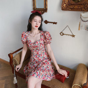 Korean Style High Waist V-neck Floral Fairy Sling Dress & Elegant Girls A-line Waist-cinching Pink Red Short Skirt Women