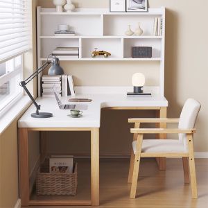 L-Type Computer Desk Solid Wood Study Table with Shelves Corner Desk Bookshelf Integrated Corner Study Table and Chair Home Bedroom Window