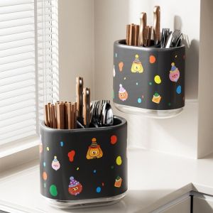 AMELY Plastic Cartoon Chopsticks Storage Box Wall Mounted Drainage Design Chopsticks Holder Multi-functional Large Capacity Tableware Storage Holder for Home