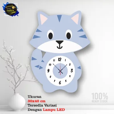 Jam dinding kayu karakter kartun kucing dekorasi pajangan ruangan minimalis binatang lucu imut