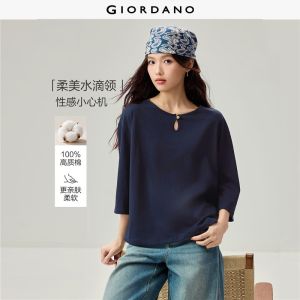 Giordano Beau Monde Women 100% cotton keyhole crewneck 3/4 sleeve tee Free Shipping 13326602