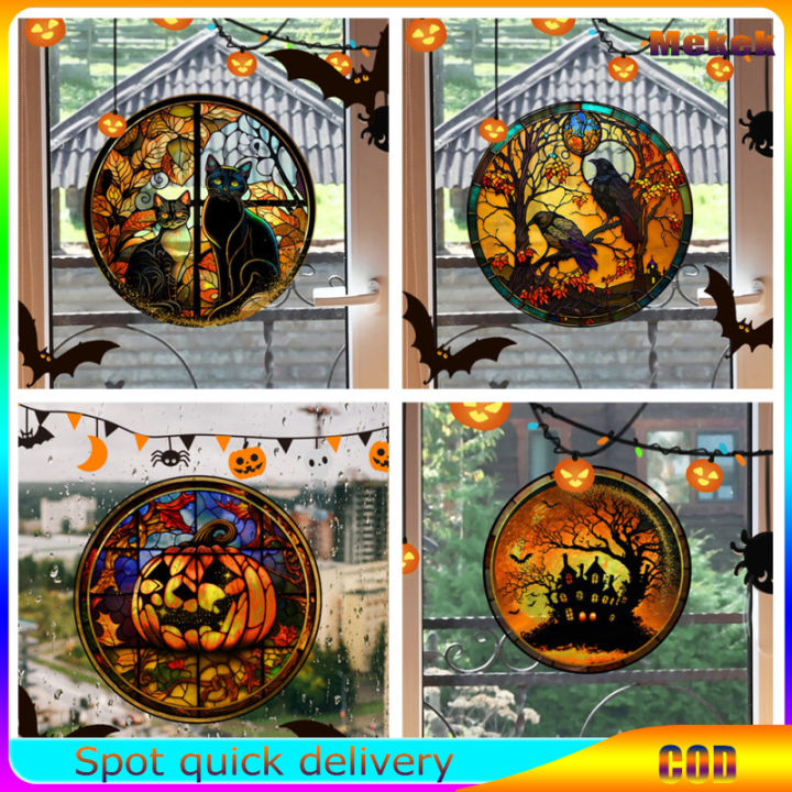 Round Window Sticker Halloween Round Window Stickers Reusable Removable Double-Sided Pumpkin ...