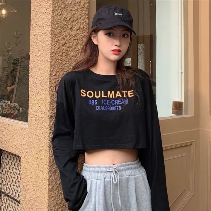 Fashion Casual Long Sleeve Crop Tops Round Neck Letter Print Loose