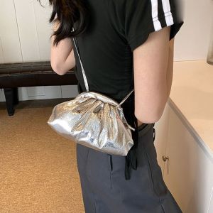 CRNGW Solid Color Women Dinner Bag Leather Crossbody Bag Cloud Bag Cute Lipstick Bag Pleated Shell Bag Ladies