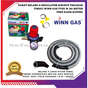 PAKET REGULATOR WINN GAS KHUSUS TEKANAN TINGGI SET SELANG 3 LAPIS HITAM 600 PSI MERK STRONG FLEX