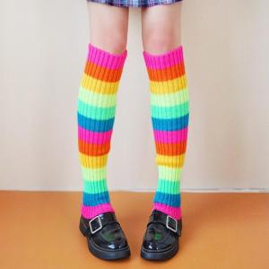 Phụ Nữ 80S Retro Đảng đan có gân làm ấm chân Neon Cầu Vồng Nhiều Màu Sọc Chân Bìa Tay Áo múa ba lê Thể Thao cao đến đầu gối tất dài
