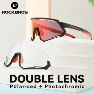 ROCKBROS Cycling Sunglasses Dual Lens Photochromic Polarized Shade Running Road Bike Windproof Men Sports Glasses Bicycle Accessories