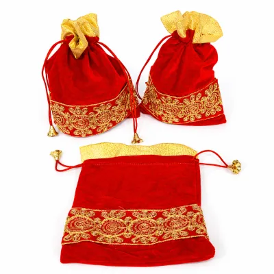 Premium Red Velvet Potli Bag with Golden Embroidery | Decorative Return Gift Pouch for Pooja Wedding Diwali Jewellery & Gift Packing (Pack of 1 Pc)