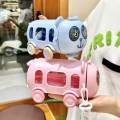 450ML Kids Panda Bus Water Bottle Toy Car with Shoulder Strap and Straw Children Water Jug Detachable. 
