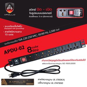 Apollo ปลั๊กติดตู้Rack PDU 8ช่อง รุ่น APDU-02 สำหรับตู้ Cabinet Rack 6U/9U สายยาว 1.5ม. เต้ารับ-เสียบ 3ขา สำหรับตู้แร็ต 19นิ้ว