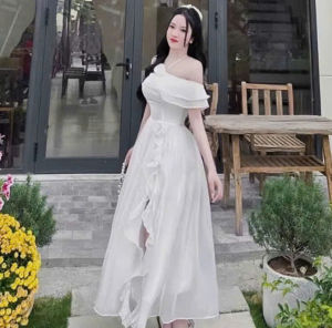 Đầm maxi nữ thiết kế đi tiệc chất Voan Tơ cao cấp xẻ tà phối hoa nổi có mút ngực dáng dài sang trọng
