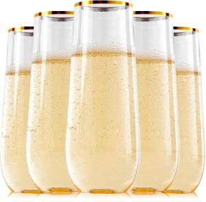 FOCUSLINE 24 Pack 9 Oz Plastic Gold Rim Champagne Flutes Stemless Glasses