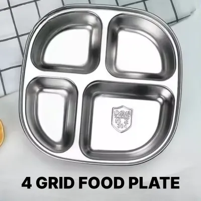 3/4 Grid Children Compartmentalized Dining Plate 304 Stainless Steel Anti-fall Thickened Tray Kindergarten Meal Plate