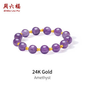 ZHOU LIU FU 周六福 24K Gold Amethyst Beaded Bracelet for Women Harmony Energy Jewelry 17cm J1915933