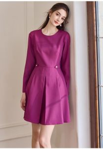 Đầm Tím Dáng Xoè Tay Dài Cài Nút Eo Sang Trọng Dự Tiệc Công Sở