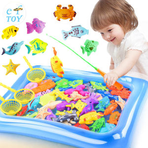 Waterproof Magnetic Floating Fish Toys Fun Fishing Game Playset 50pcs+Inflatable Pool Baby Learning & Education Bath Toys