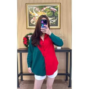 SJM KEMEJA TWOTONE NATALAN MERAH HIJAU TERBARU OVERSIZED LENGAN PANJANG KATUN POPLIN 031