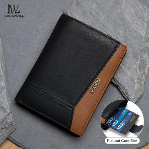 LouisWill Men Short Wallet Drawable Card Slot Design RFID Block Wallet Coin Wallets Soft Microfiber Genuine Leather Wallet Multi-Card Position ID Credit Cards Holders Coin Bag Business Wallets