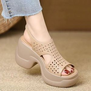 Free Shipping Soft Leather Thick-Soled Roman Sandals For Women 2026 New Summer Style Chunky Heel Hollow Breathable Soft Sole One-Strap Buckle WomenS Sandals