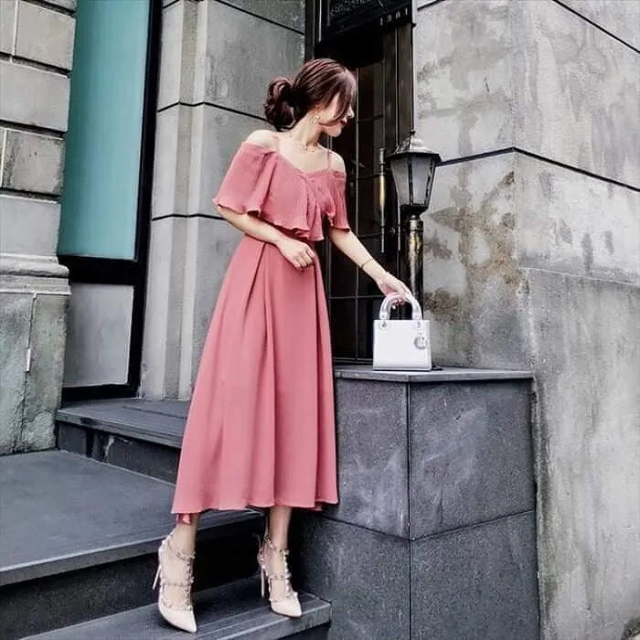 pink tulle off the shoulder dress Pink Off-the-shoulder Short Midi Prom Dress A line Tulle Party Dress  JKL3127