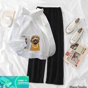 JOY Setelan Hoodie Cewek Korea Dog Hoodie