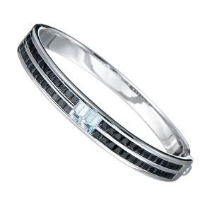 BOSEOK Aquamarine and Black Spinel stone Rhodium Over Sterling Silver Bangel B3161CAW