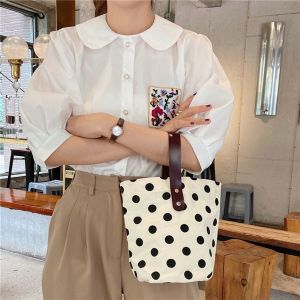 XINSU38 Wave Point Polka Dot Canvas Bucket Bag Large Capacity Korean Style Mummy Bag All-match Lunch Bag Handbag Shopping Bags
