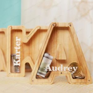- Wooden Piggy Bank with Customize name stickers [SG Seller]