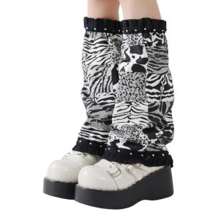 Womens Punk Ruffled Trim Flared Leg Covers Harajuku Leopard Print Patchwork Denims Leg Warmers Footless Socks Streetwear