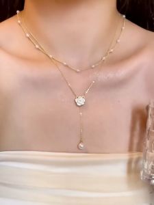 Rantai Leher Double Layer Tassel Pearl Necklace Elegant Camellia Style Choker Fashion Long Pendant