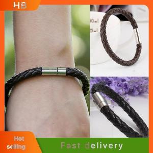 HB Women Men Black Leather Charm Wristband Stainless Steel Magnetic Clasp Bracelet