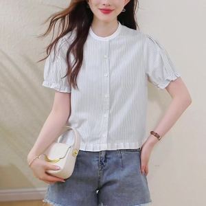 AMMIN Korean Style Round Neck Striped Puff Sleeve Commuter Chiffon Blouse for Women 2025 Summer New Ruffled Hem Patchwork Loose Short Sleeve Elegant Blouse