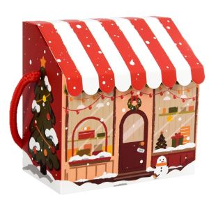 OOC 10Pcs Snowman Printed Christmas House Gift Boxes With Handles Red Stripe Roof Candy Treat Paper Boxes Cartoon House Shaped Cookie Packaging Box Holiday Party Favors